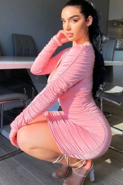 Rebellious Fashion Pink Ruched Detail Slinky Mini Dress - Demmi