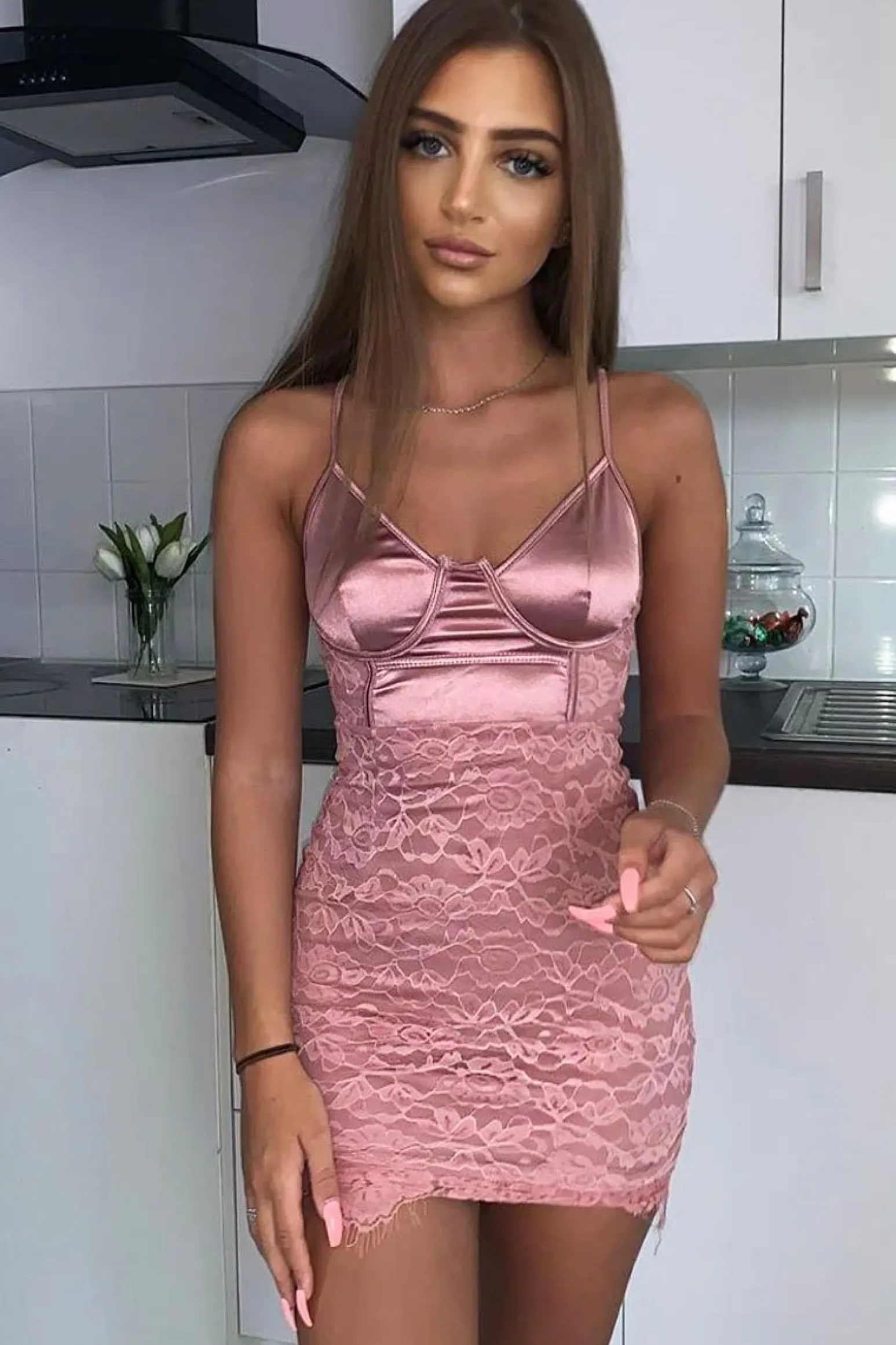 Rebellious Fashion Pink Satin Lace Insert Bodycon Mini Dress - Cashlyn