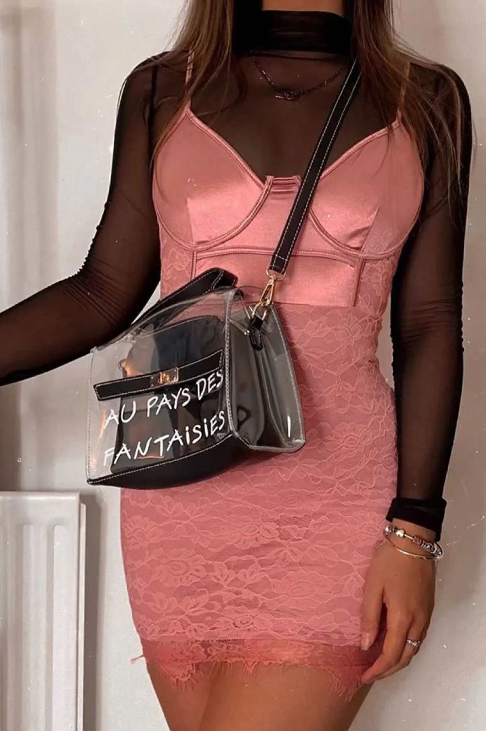 Rebellious Fashion Pink Satin Lace Insert Bodycon Mini Dress - Cashlyn
