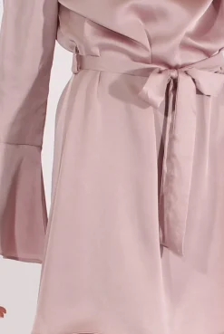 Rebellious Fashion Pink Silky Bardot Tie Waist Dress - Esther