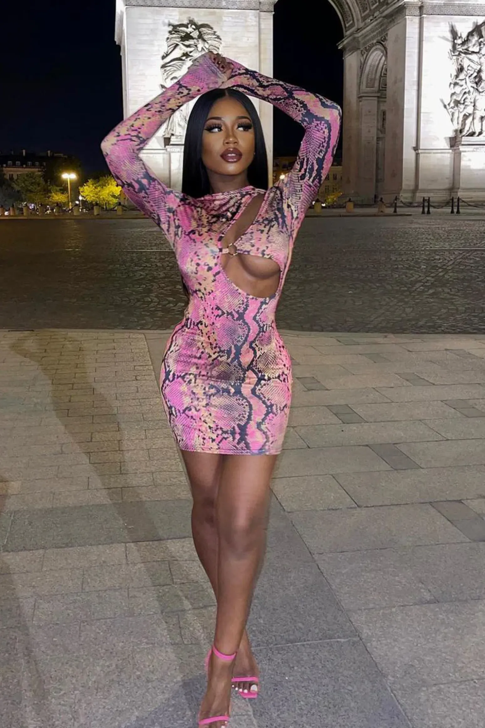 Rebellious Fashion Pink Snake Print Ring Front Mini Dress - Keilani