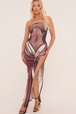 Rebellious Fashion Pink Abstract Print Bandeau Side Slit Maxi Dress - Alan