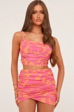 Rebellious Fashion Pink Abstract Print Ruched Crop Top & Mini Skirt Co-ord Set - Presley