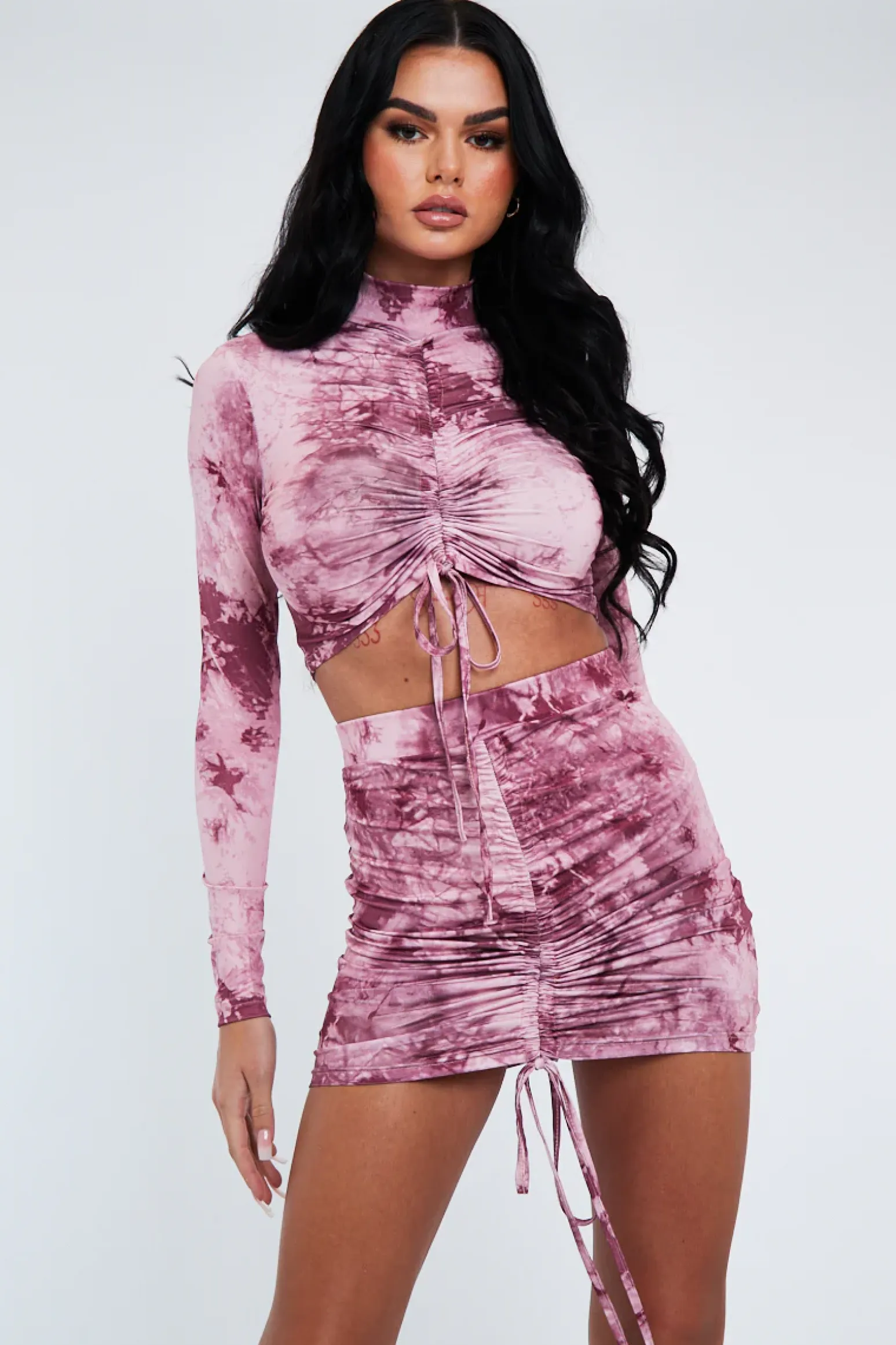 Rebellious Fashion Pink Acid Print Ruched Crop Top & Mini Skirt Set - Tira