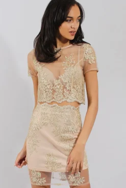 Rebellious Fashion Pink & Gold Embellished Mesh Co-ord - Leila