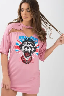 Rebellious Fashion Pink Anarchy Cut Out Pin Detail T-Shirt Dress - Lollie