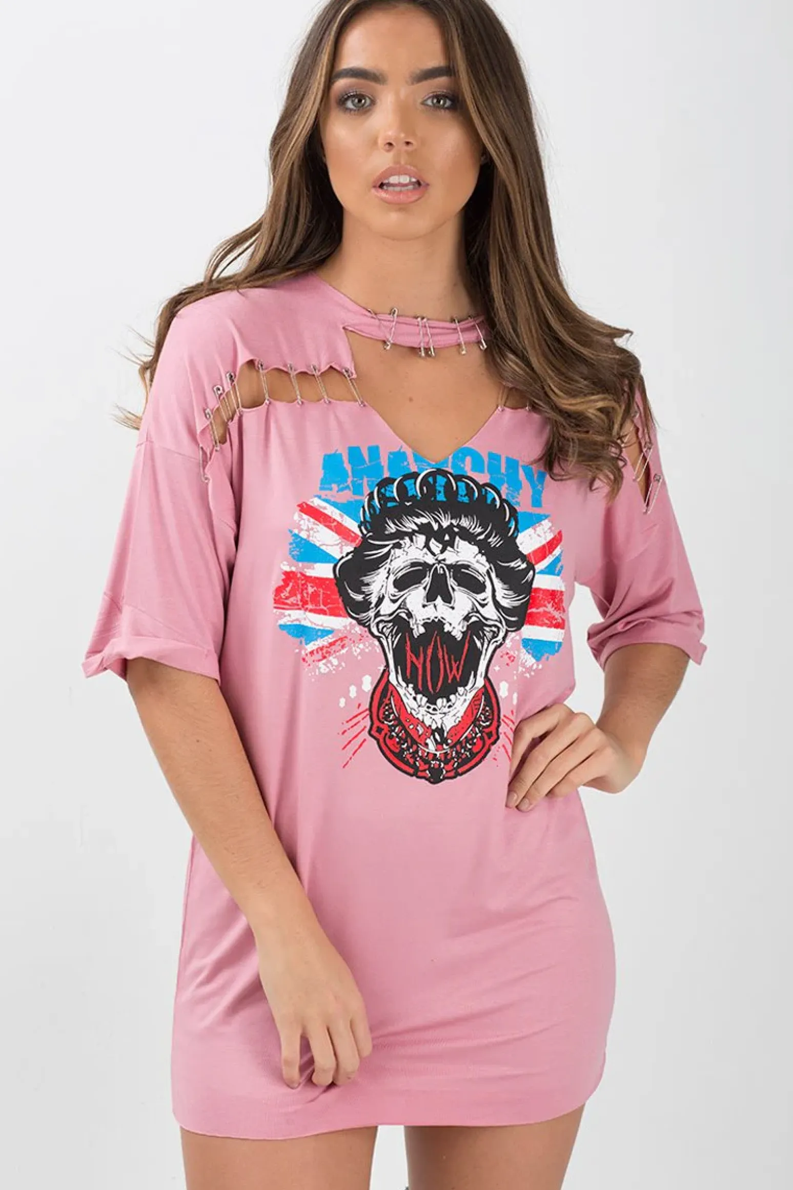 Rebellious Fashion Pink Anarchy Cut Out Pin Detail T-Shirt Dress - Lollie