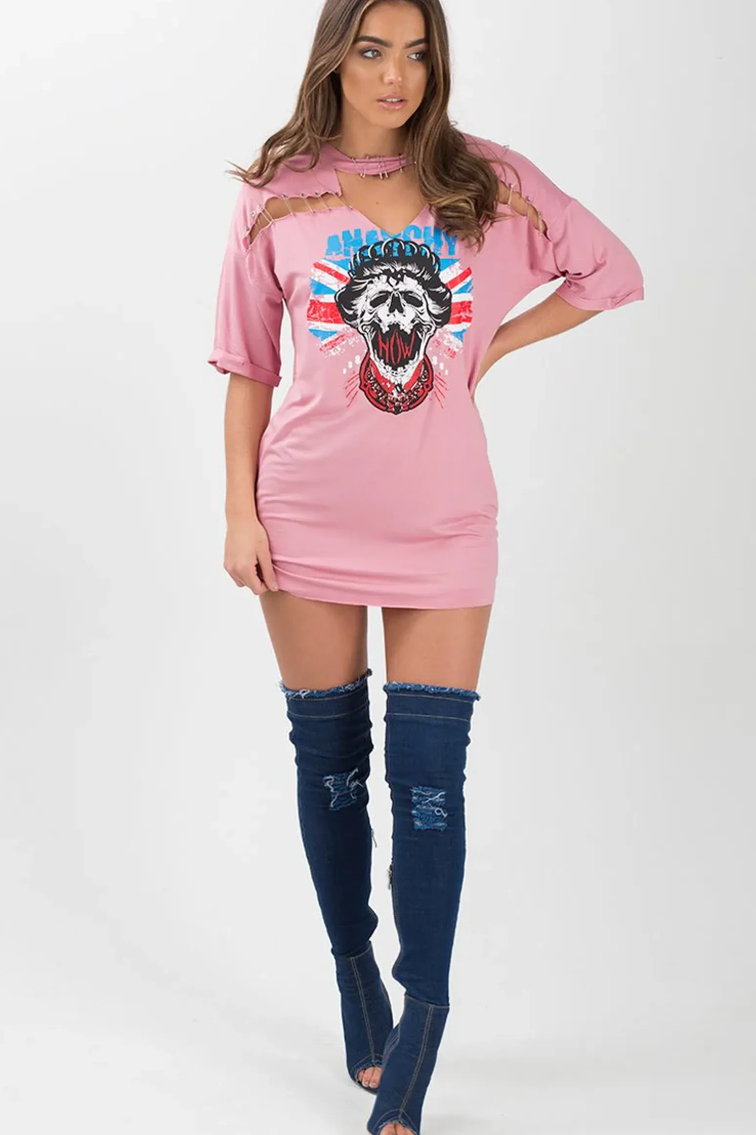 Rebellious Fashion Pink Anarchy Cut Out Pin Detail T-Shirt Dress - Lollie
