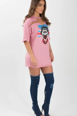Rebellious Fashion Pink Anarchy Cut Out Pin Detail T-Shirt Dress - Lollie