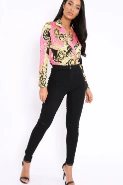 Rebellious Fashion Pink and Gold Scarf Print Satin Plunge Bodysuit - Moniqua