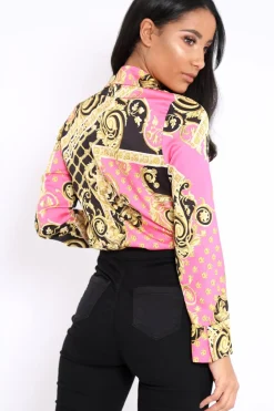 Rebellious Fashion Pink and Gold Scarf Print Satin Plunge Bodysuit - Moniqua