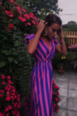 Rebellious Fashion Pink And Lilac Plunge Wrap Belted Maxi Dress - Carri