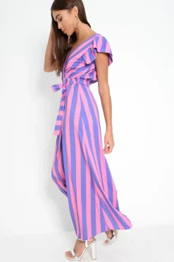 Rebellious Fashion Pink And Lilac Plunge Wrap Belted Maxi Dress - Carri