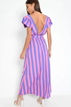 Rebellious Fashion Pink And Lilac Plunge Wrap Belted Maxi Dress - Carri