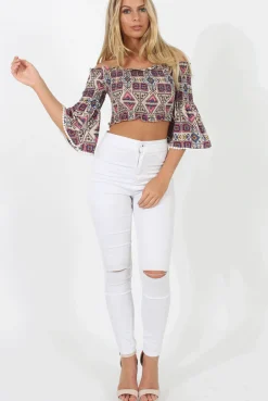 Rebellious Fashion Pink and Nude Aztec Bardot Crop Top - Ela