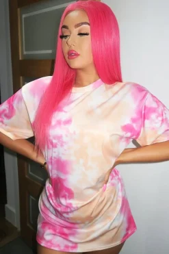 Rebellious Fashion Pink and Peach Cloudy Tie Dye Tshirt Dress - Clara