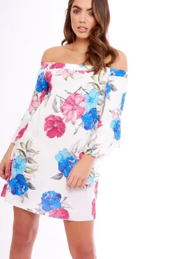 Rebellious Fashion Pink And White Floral Bell Sleeved Bardot Dress - Cheynie