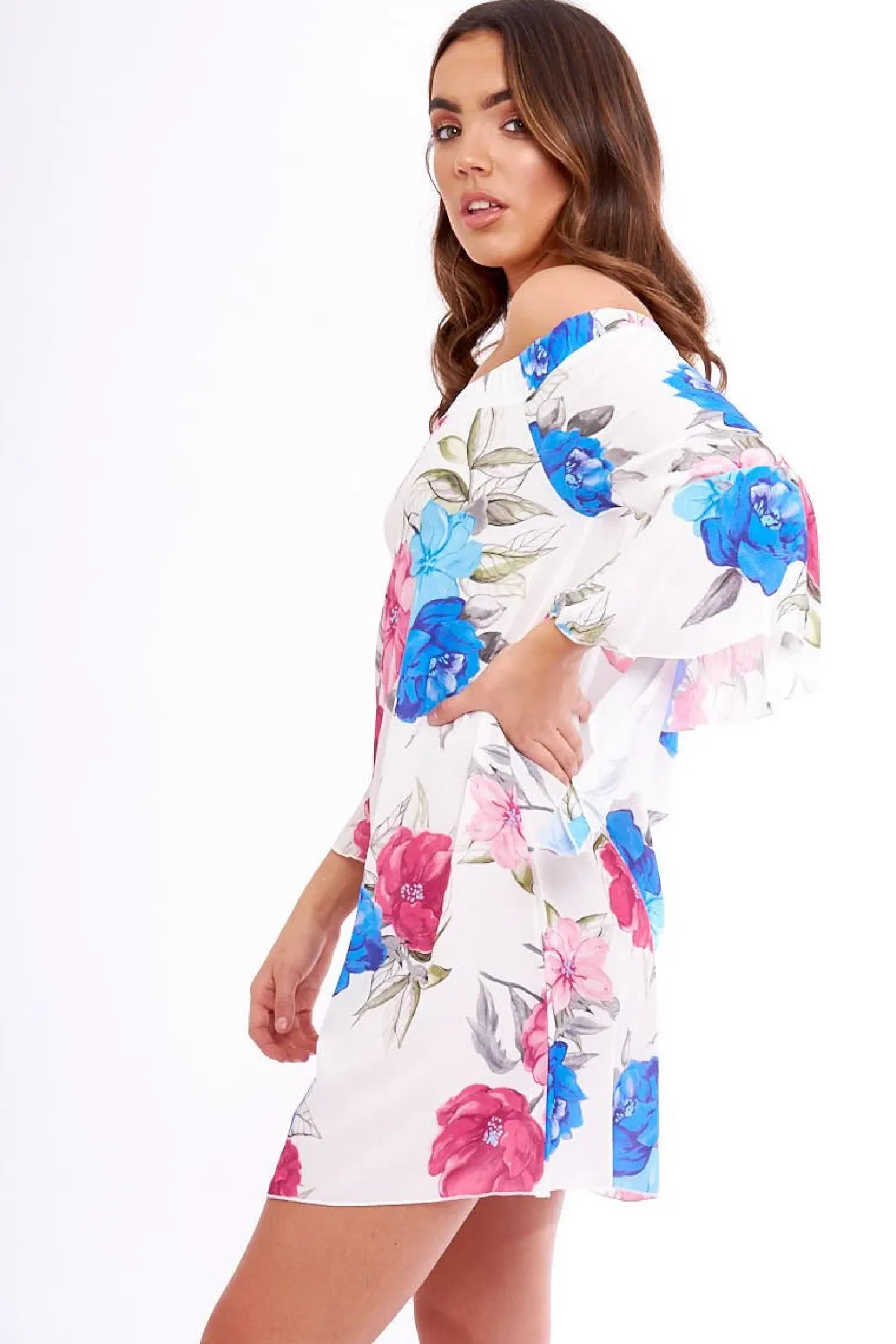 Rebellious Fashion Pink And White Floral Bell Sleeved Bardot Dress - Cheynie