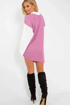 Rebellious Fashion Pink And White Knitted High Neck Oversized Jumper - Cerina