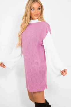 Rebellious Fashion Pink And White Knitted High Neck Oversized Jumper - Cerina
