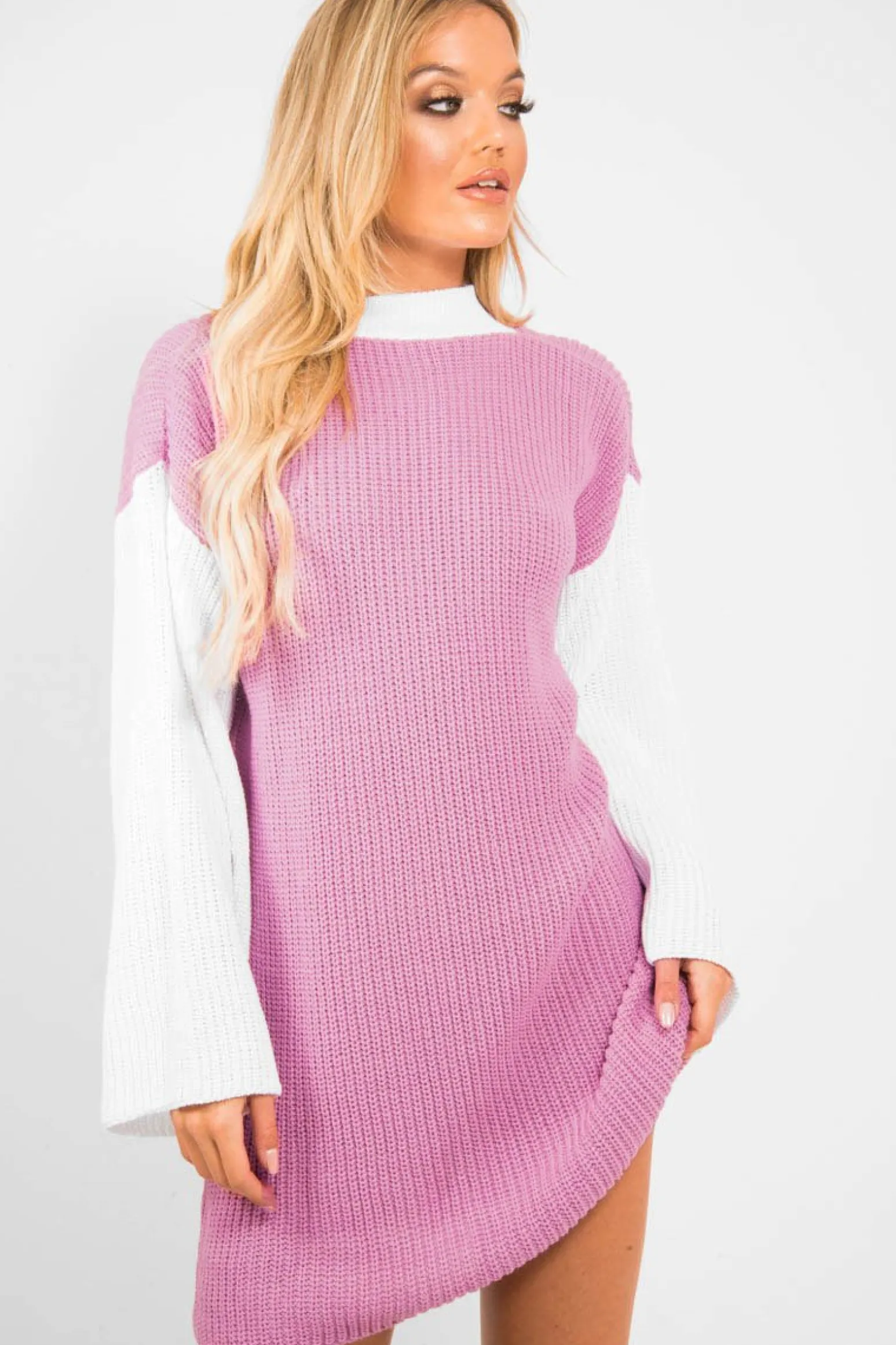 Rebellious Fashion Pink And White Knitted High Neck Oversized Jumper - Cerina