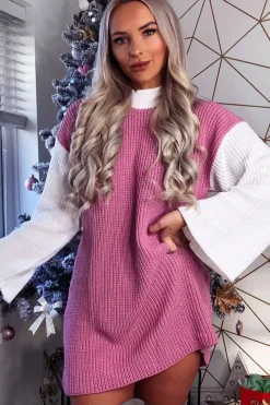 Rebellious Fashion Pink And White Knitted High Neck Oversized Jumper - Cerina