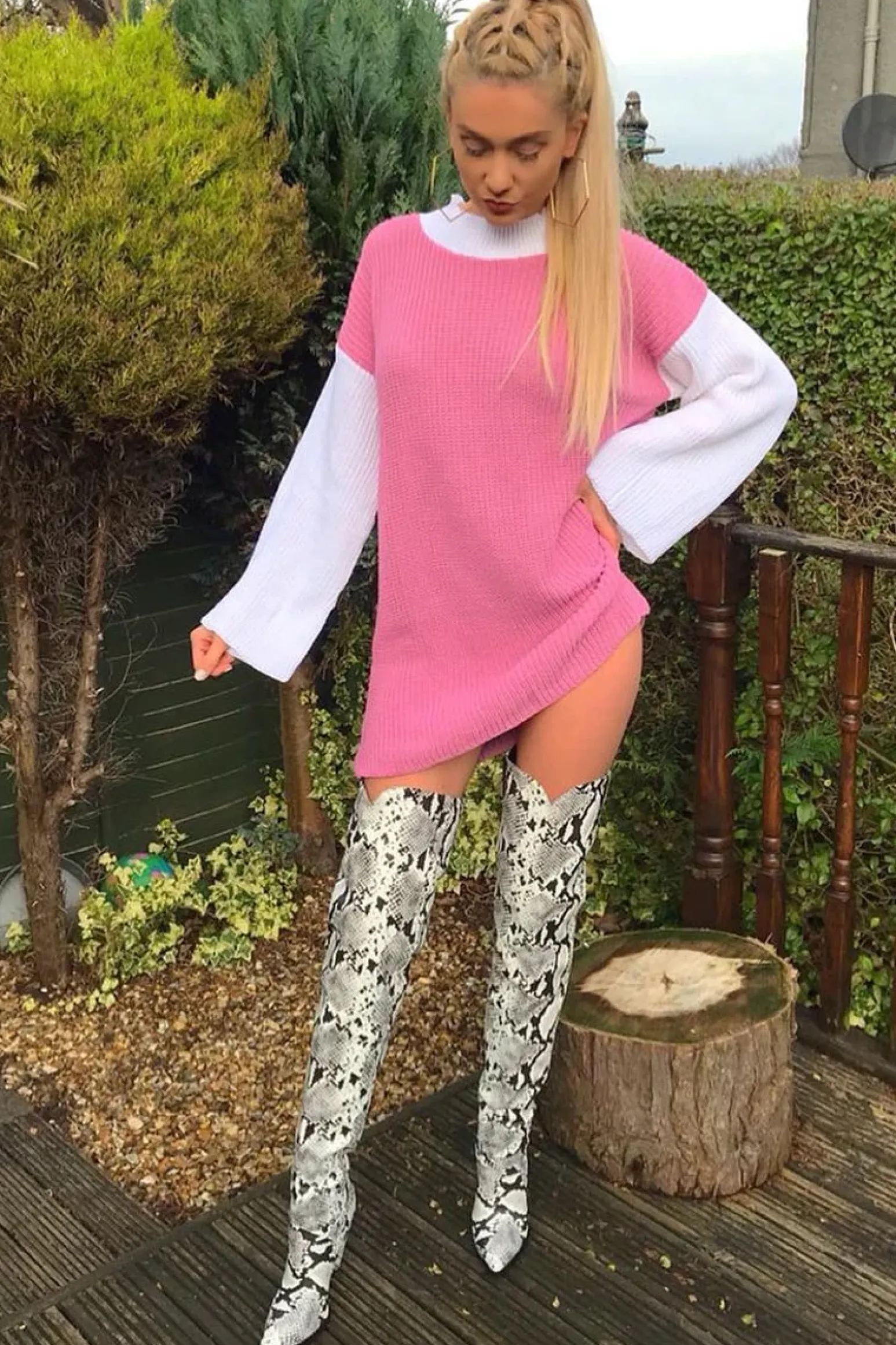 Rebellious Fashion Pink And White Knitted High Neck Oversized Jumper - Cerina