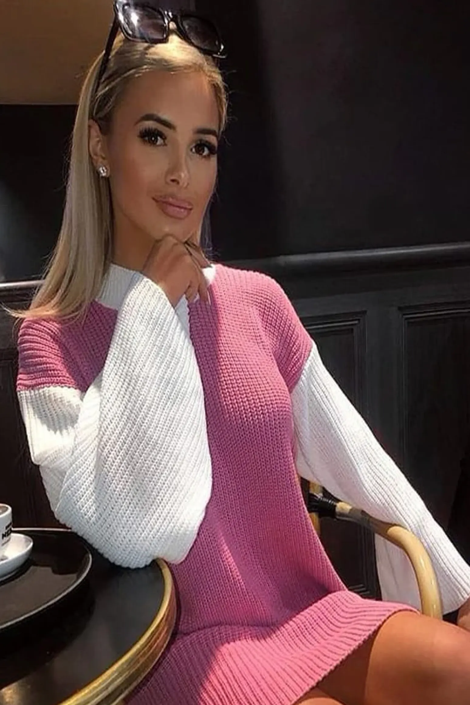 Rebellious Fashion Pink And White Knitted High Neck Oversized Jumper - Cerina