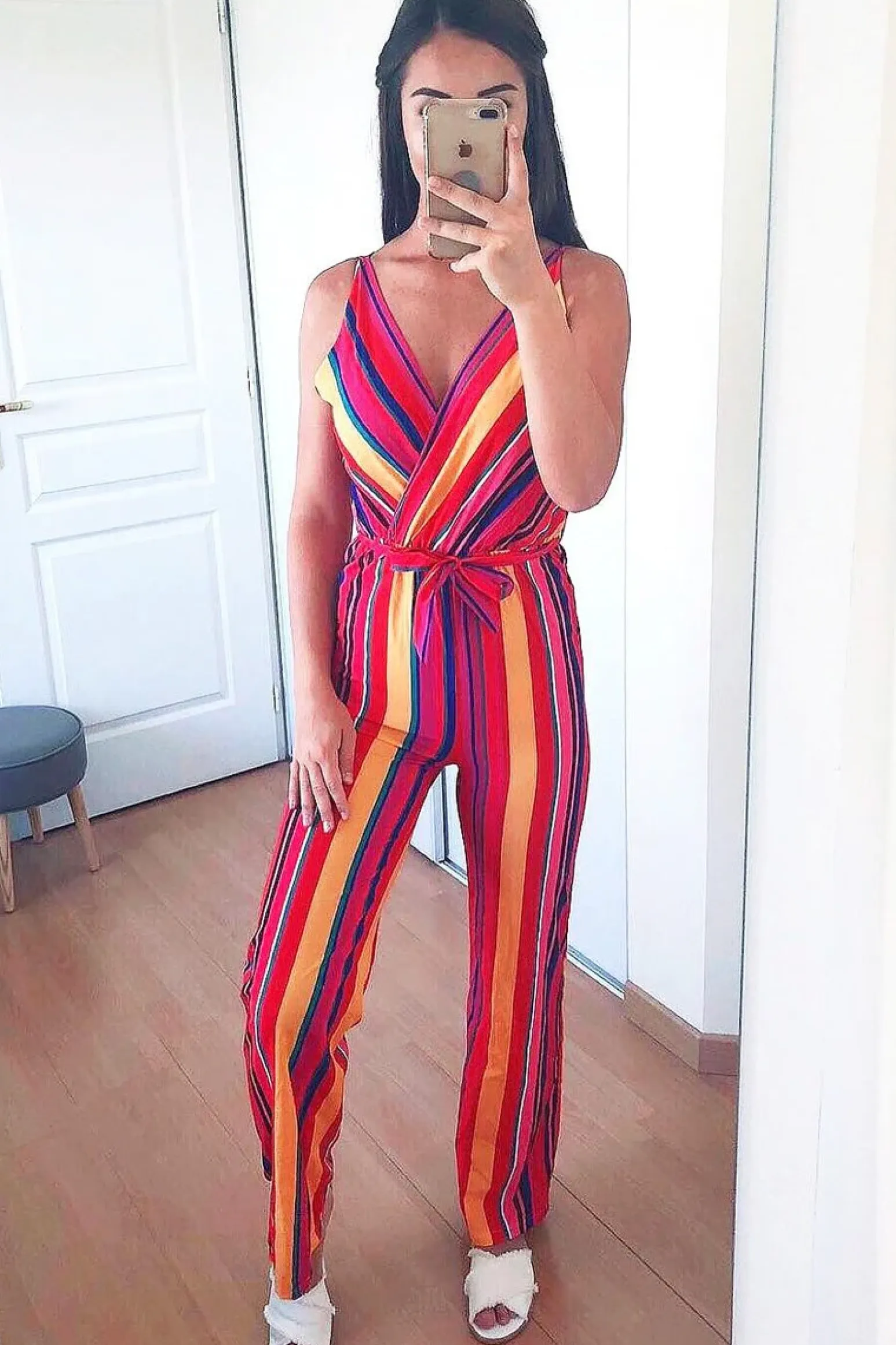 Rebellious Fashion Pink And Yellow Plunge Wide Leg Jumpsuit - Saidi