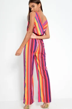Rebellious Fashion Pink And Yellow Plunge Wide Leg Jumpsuit - Saidi