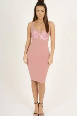 Rebellious Fashion Pink Applique Mesh Bodycon Dress - Tallulah