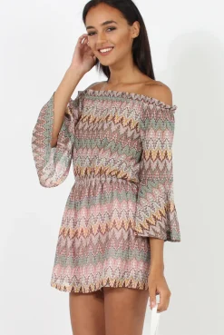 Rebellious Fashion Pink Aztec Print Crochet Bardot Playsuit - Nelly