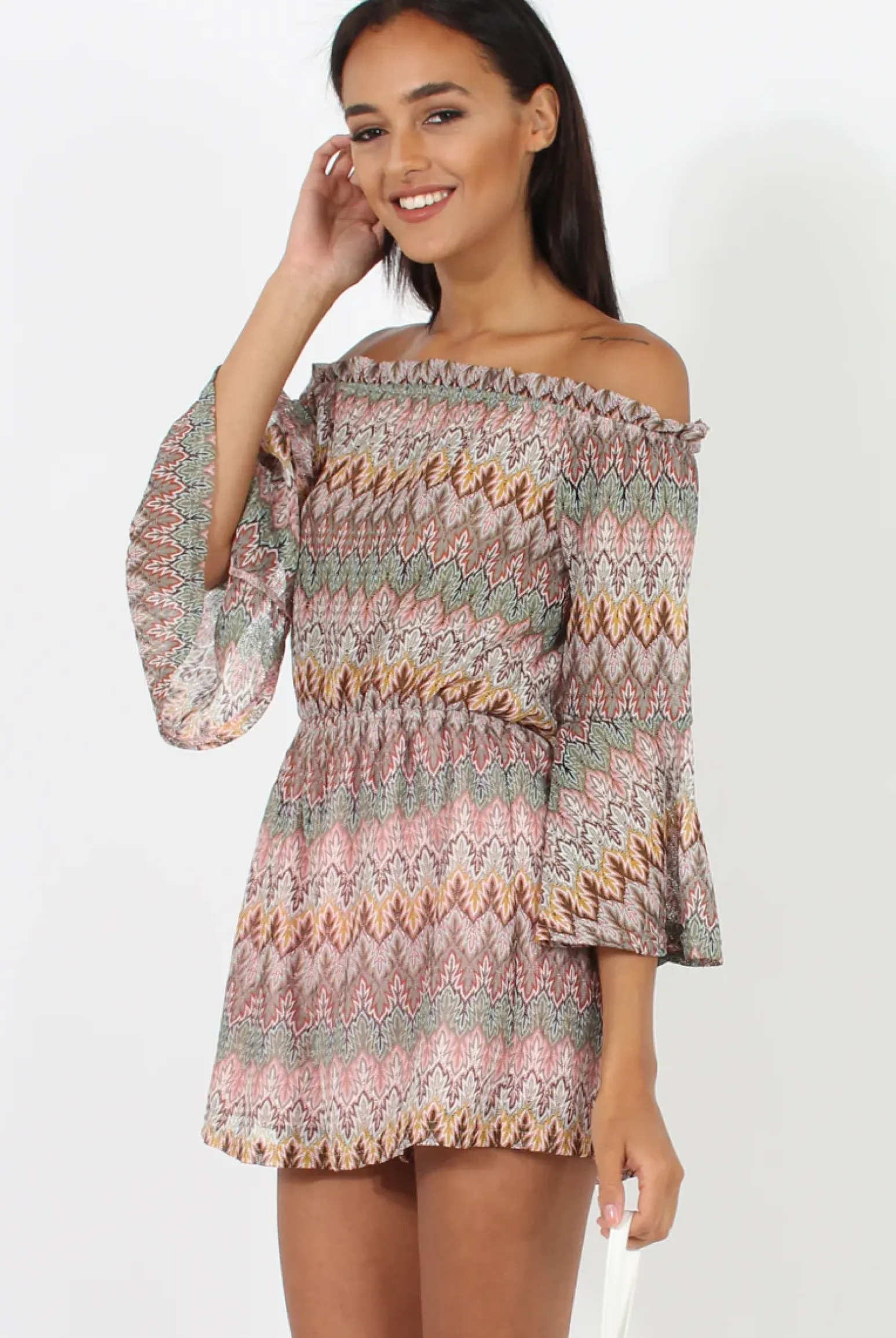 Rebellious Fashion Pink Aztec Print Crochet Bardot Playsuit - Nelly