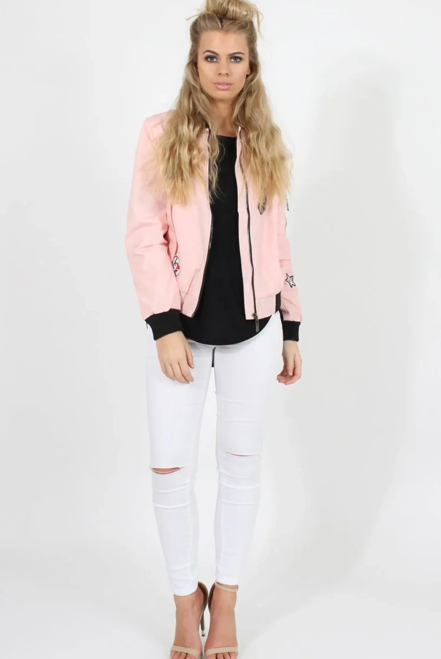 Rebellious Fashion Pink Badge Detail Bomber Jacket - Suzy