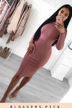 Rebellious Fashion Pink Bandage Bodycon Buckle Detail Midi Dress - Ella