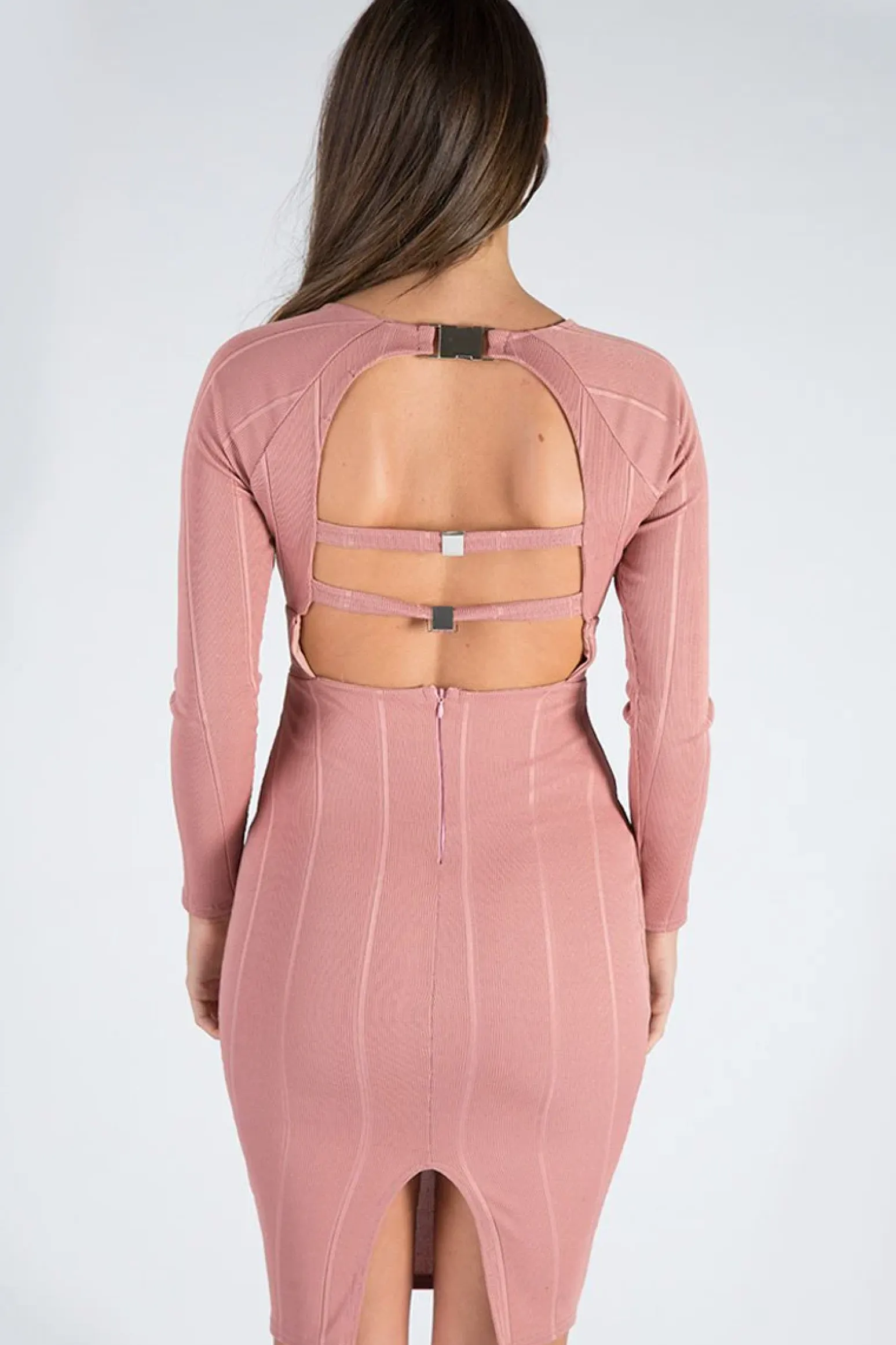 Rebellious Fashion Pink Bandage Bodycon Buckle Detail Midi Dress - Ella