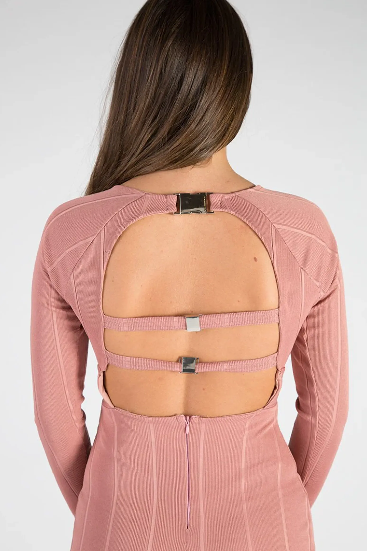 Rebellious Fashion Pink Bandage Bodycon Buckle Detail Midi Dress - Ella