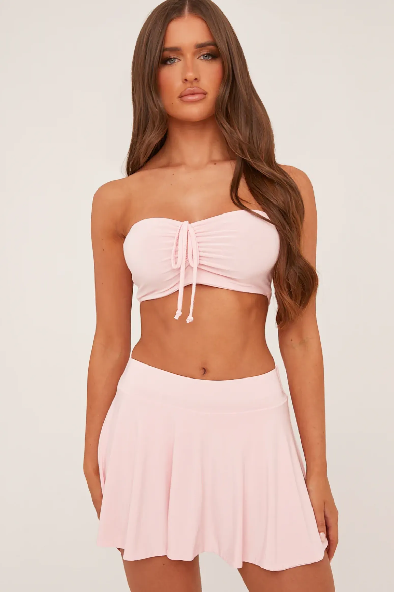 Rebellious Fashion Pink Bandeau Tie Detail Cropped Top & Mini Skirt Co-ord Set - Lydia