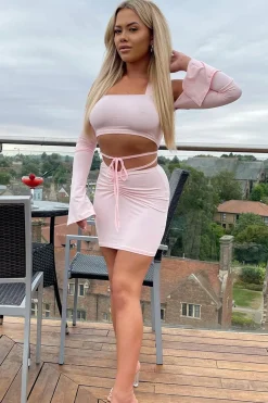 Rebellious Fashion Pink Bardot Crop Top & Ruched Mini Skirt Set - Olga