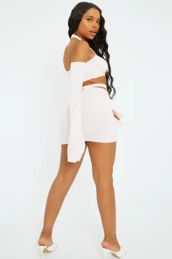 Rebellious Fashion Pink Bardot Crop Top & Ruched Mini Skirt Set - Olga