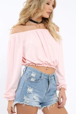 Rebellious Fashion Pink Bardot Crop Top - Brooke
