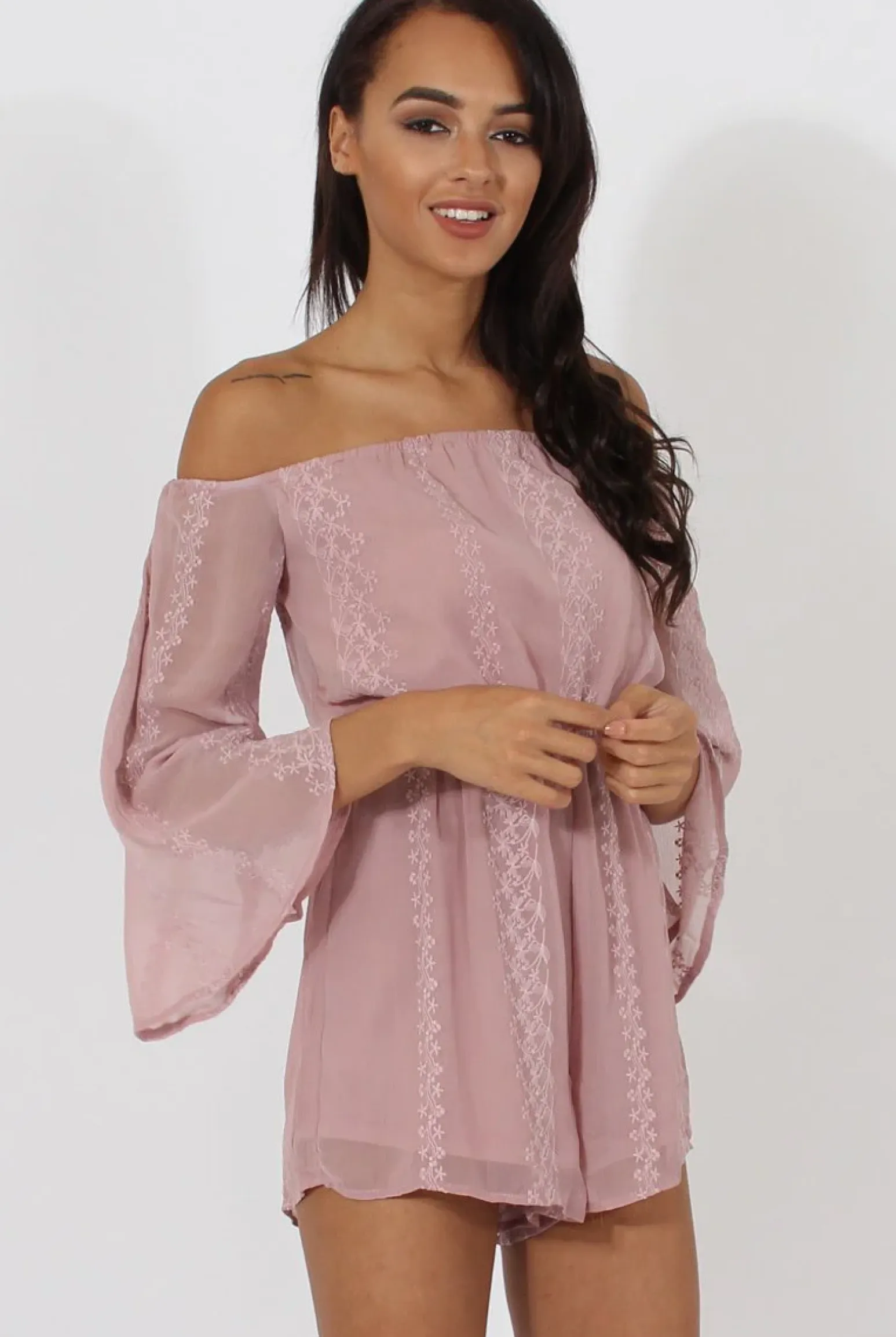 Rebellious Fashion Pink Bardot Floral Embroidered Playsuit - Olita