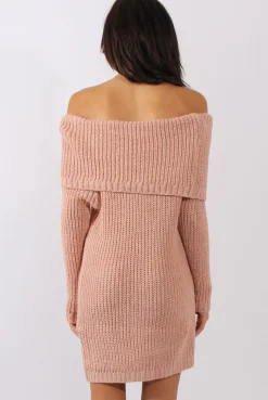 Rebellious Fashion Pink Bardot Heavy Knit Jumper Dress - Suzy