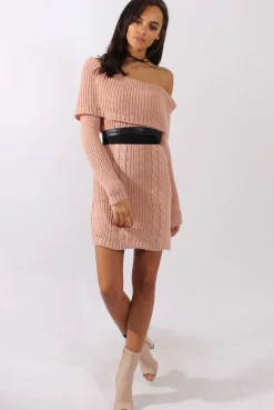 Rebellious Fashion Pink Bardot Heavy Knit Jumper Dress - Suzy