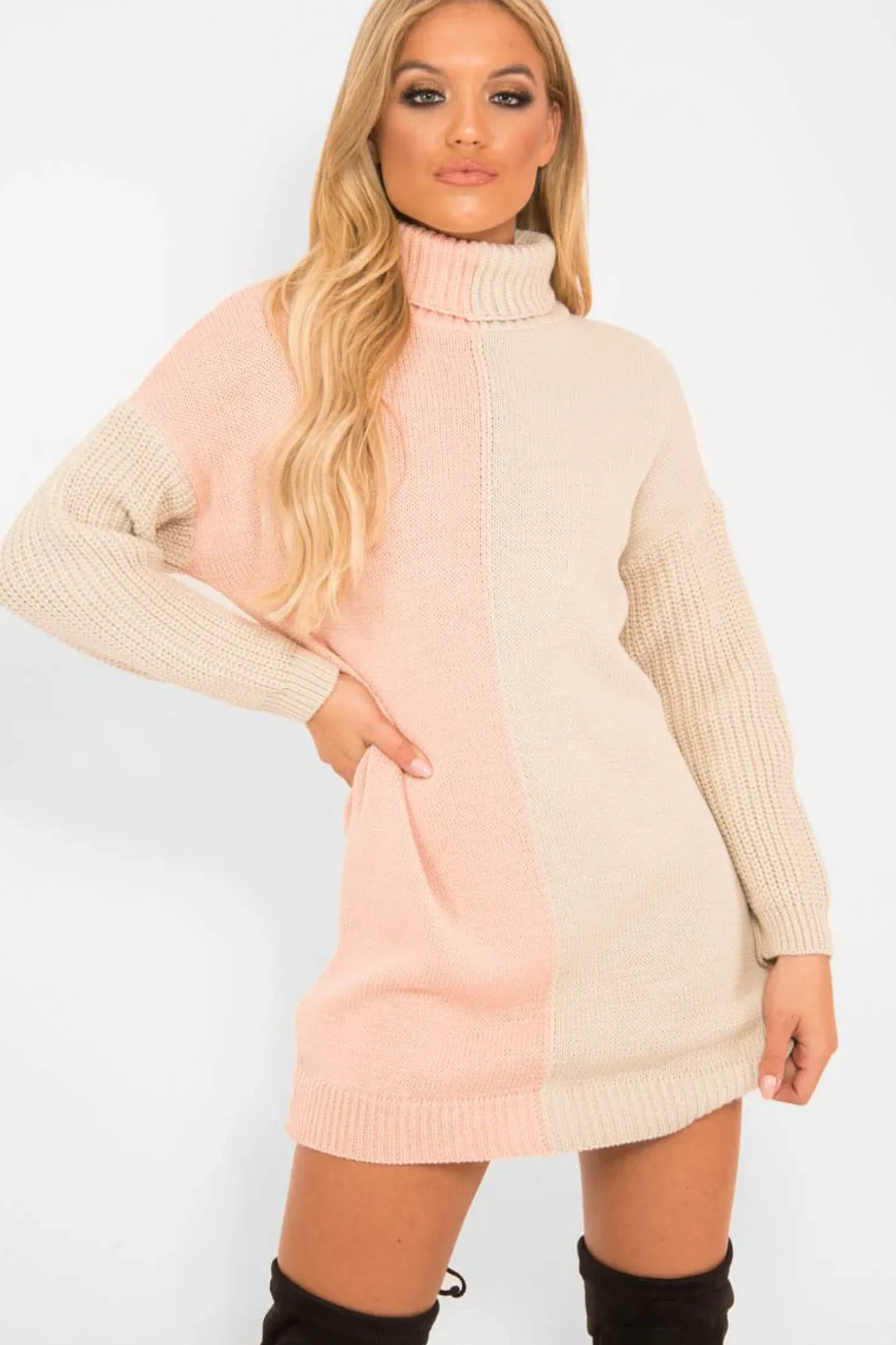 Rebellious Fashion Pink Beige Colour Block Roll Neck Jumper - Milie
