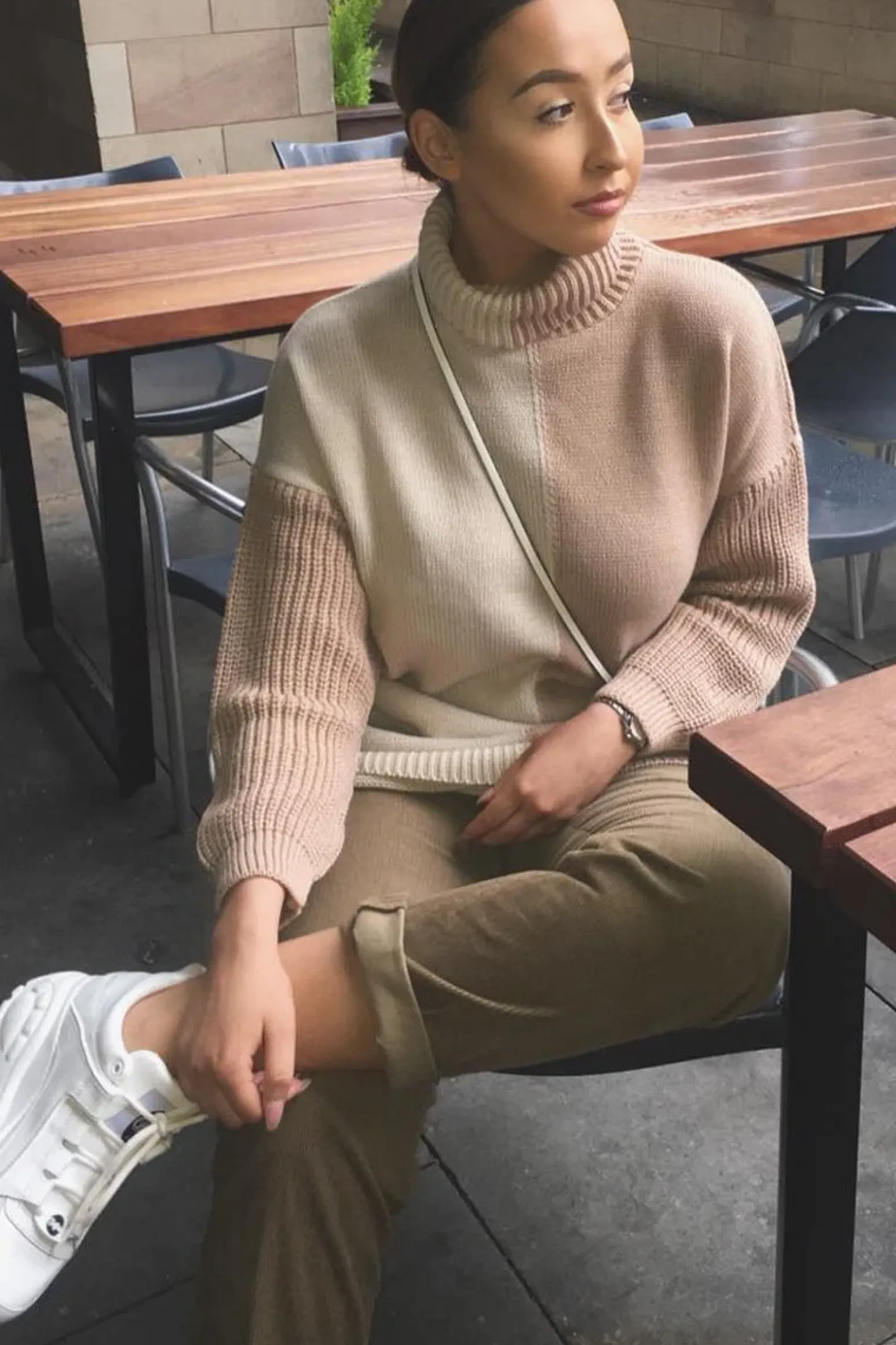 Rebellious Fashion Pink Beige Colour Block Roll Neck Jumper - Milie