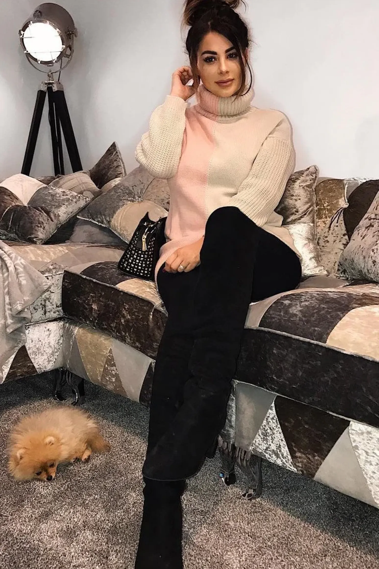 Rebellious Fashion Pink Beige Colour Block Roll Neck Jumper - Milie