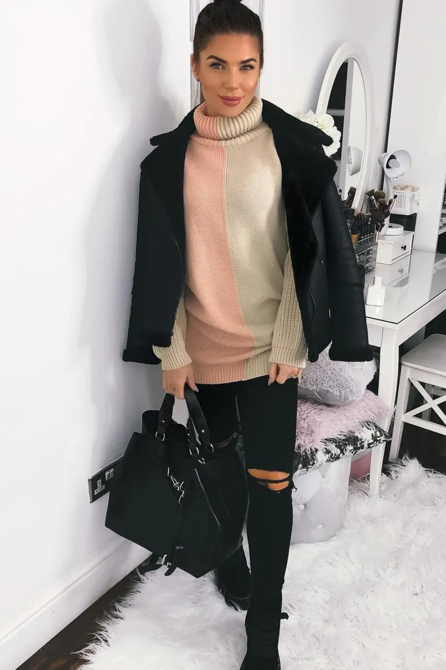 Rebellious Fashion Pink Beige Colour Block Roll Neck Jumper - Milie