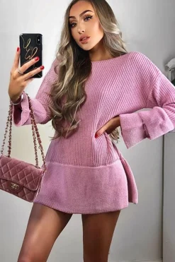 Rebellious Fashion Pink Bell Sleeve Extreme Hem Chunky Knit Jumper Dress - Paige