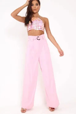 Rebellious Fashion Pink Belted High Waist Wide Leg Trousers - Elianny